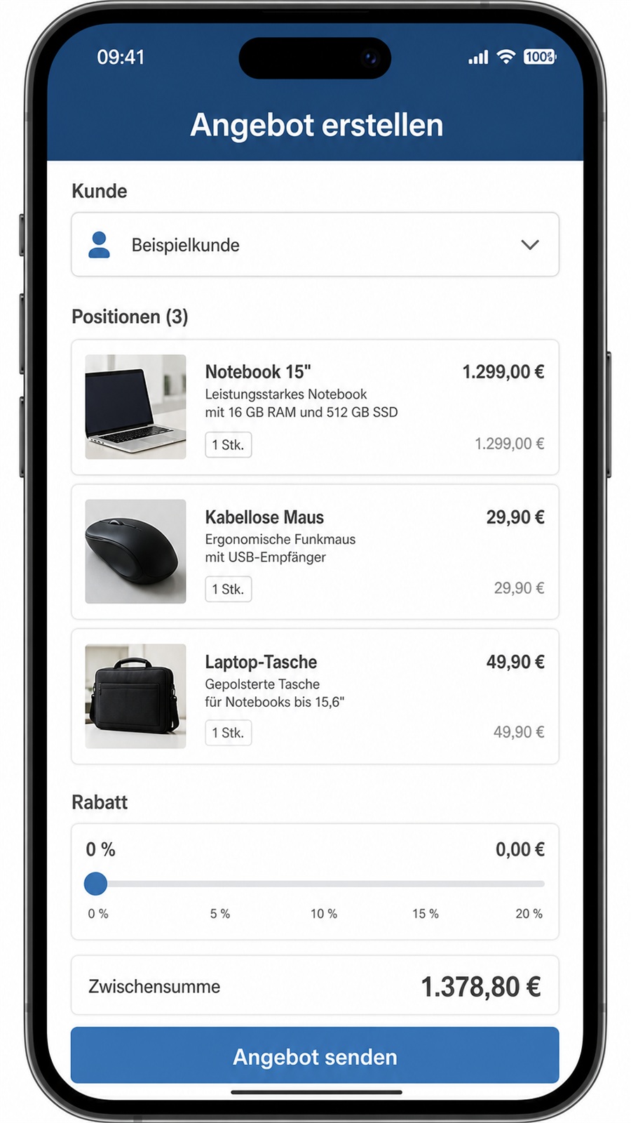 Mobile Power-App zur geführten Angebotserstellung auf einem Smartphone