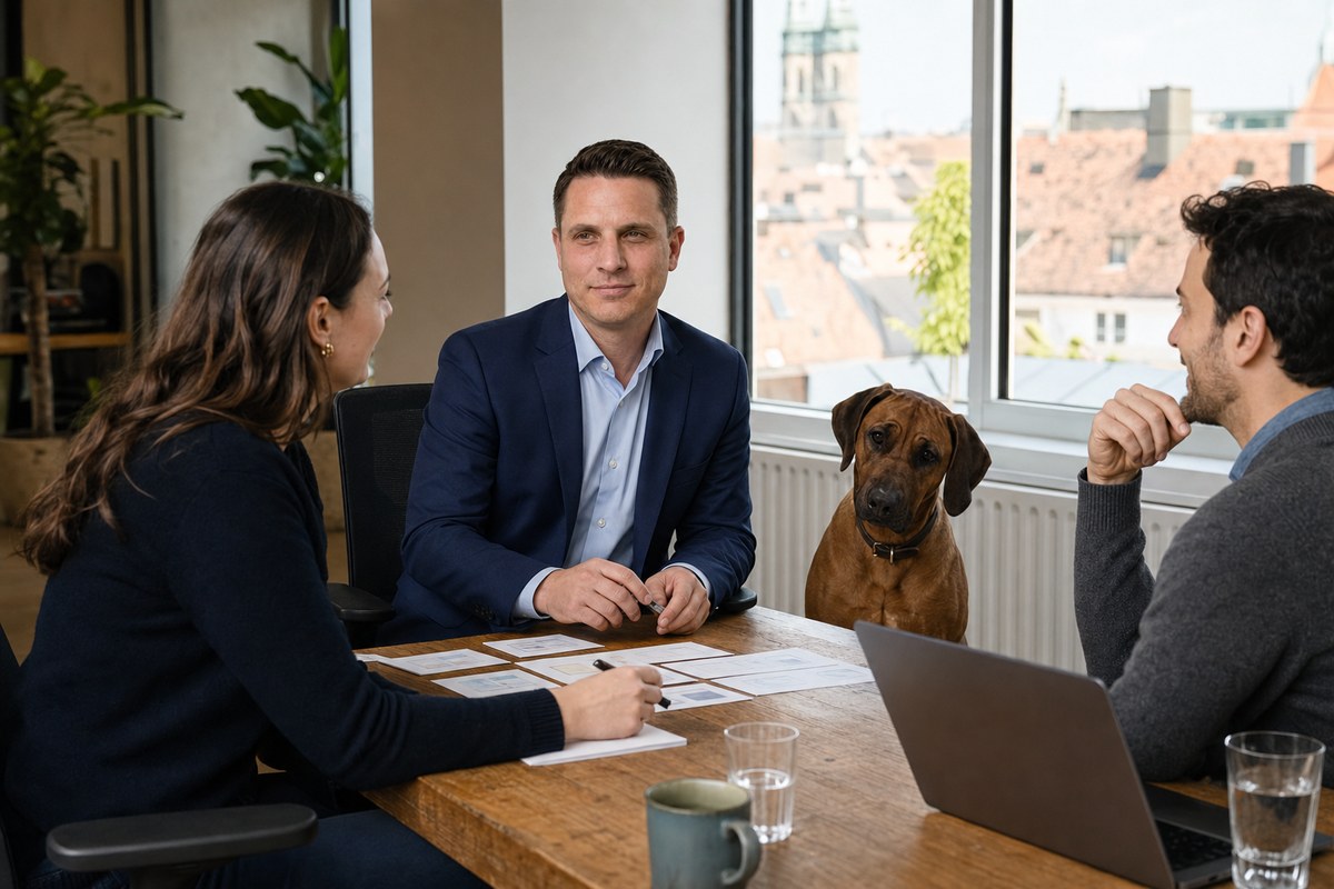 Persönliche Projektabstimmung am Besprechungstisch mit Bürohund.