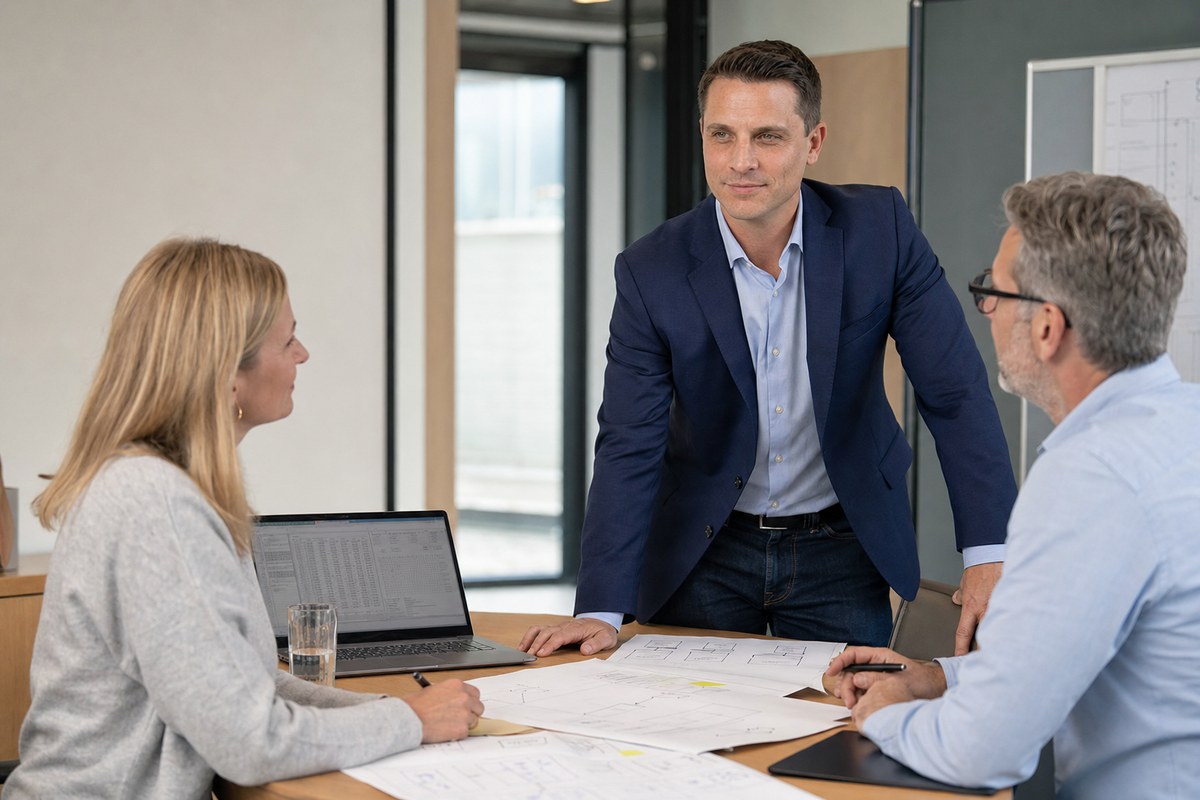 Persönlicher Workshop zu bestehenden Arbeitsabläufen mit Laptop und Prozessunterlagen.