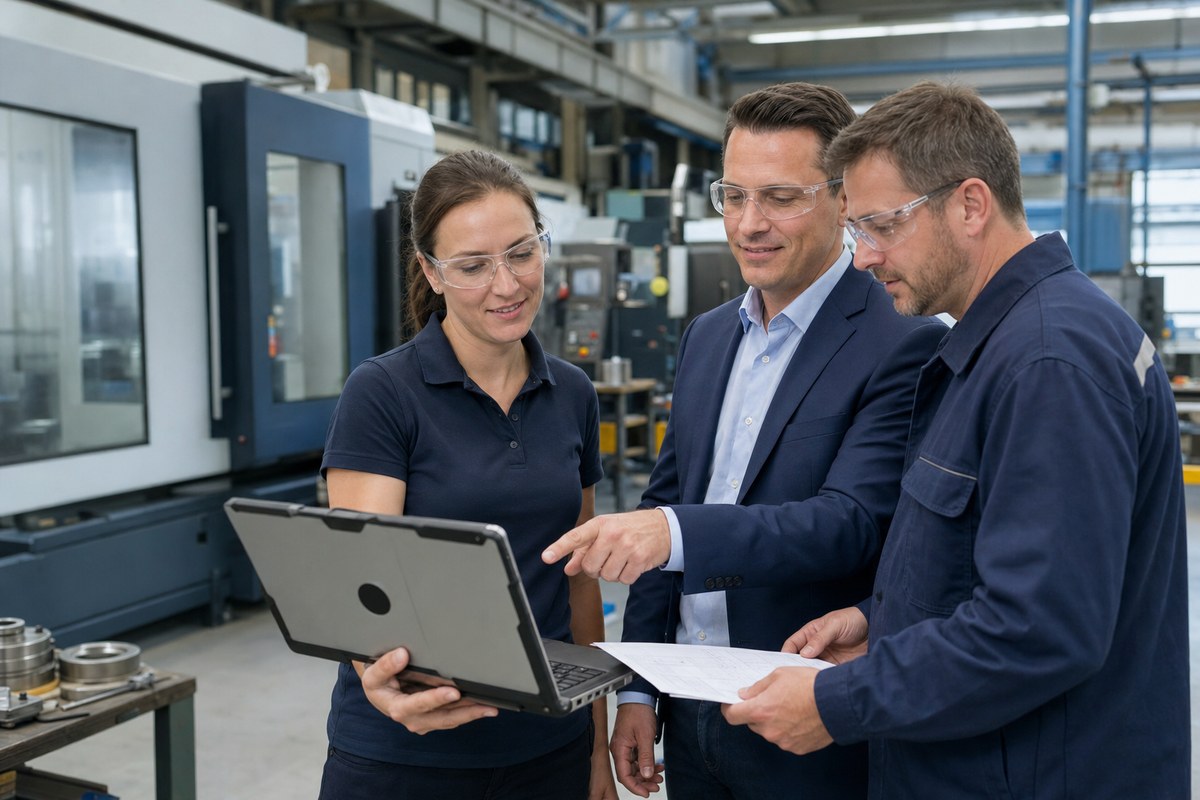 Beratung in einer Produktionsumgebung anhand eines mobilen Computers und Arbeitsunterlagen.